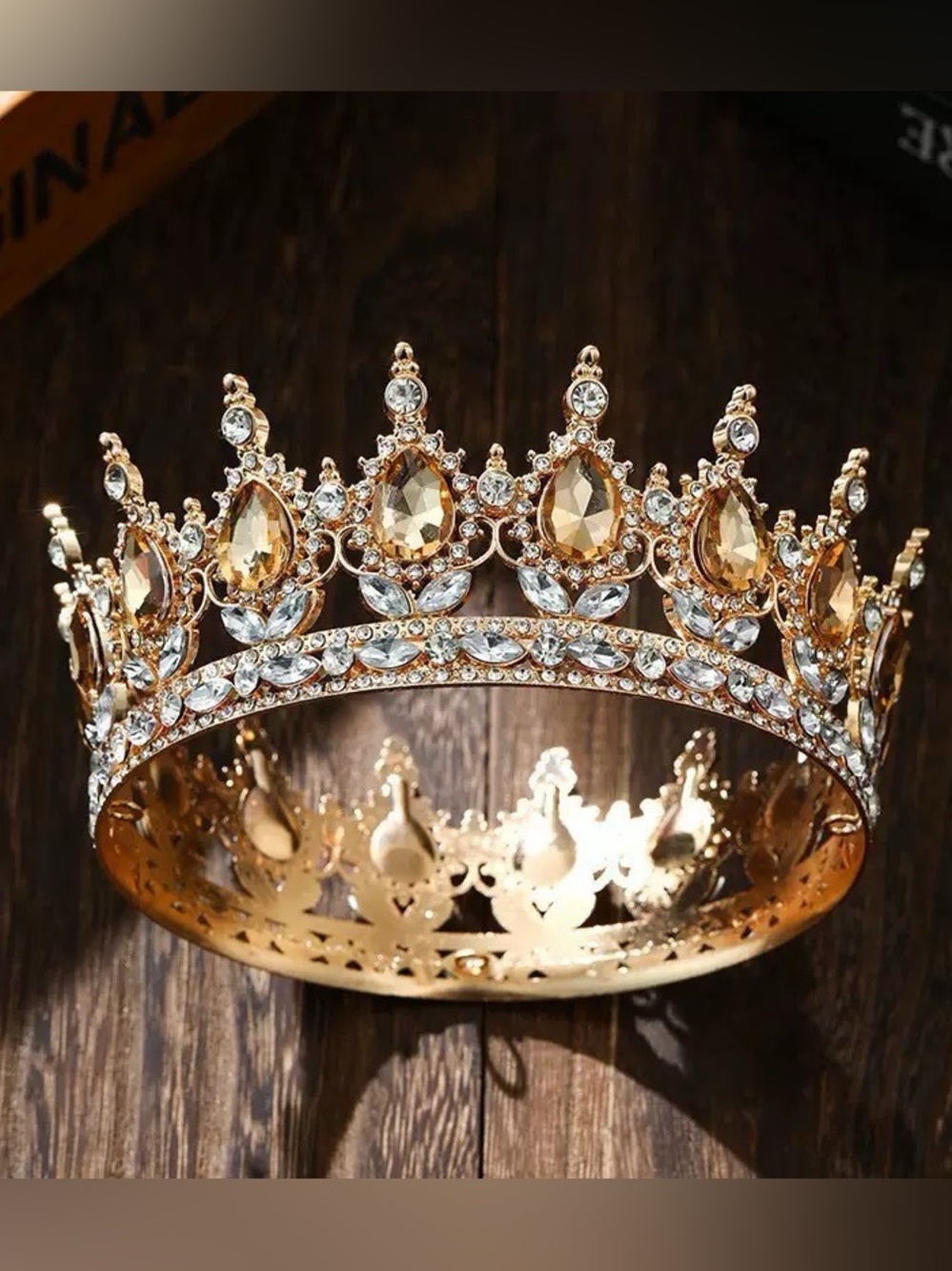 Gold Crystal Teardrop Tiara Crown for Women